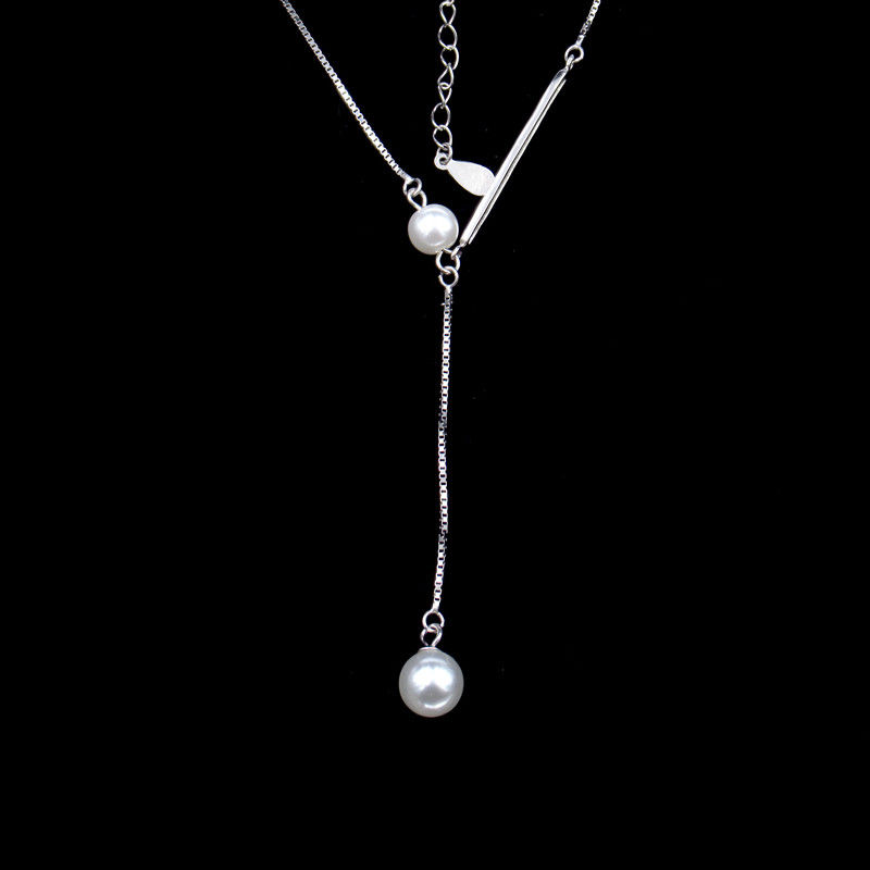 Fashionable Silver Long Necklace With Shell Pearl For Winter / 925 Sterling Silver Jewelry